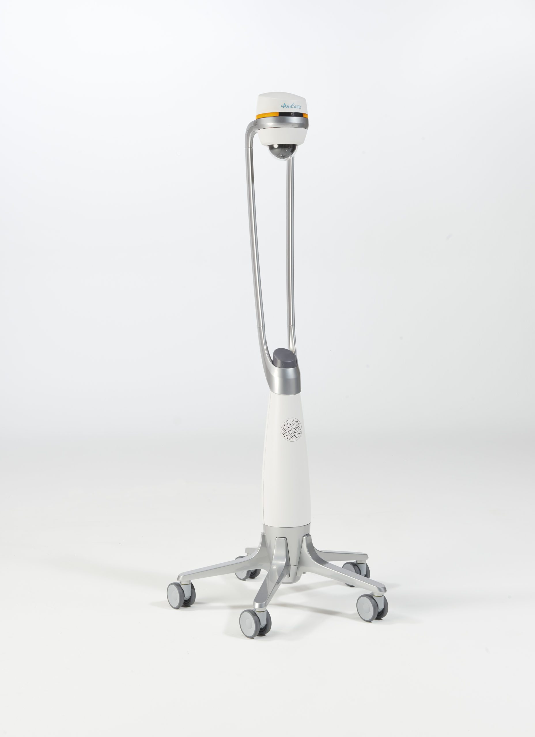 A tall, white medical device with a rounded base and a long, slender neck stands on a wheeled platform. It features a small, cylindrical component at the top, possibly a camera or sensor, set against a plain background.