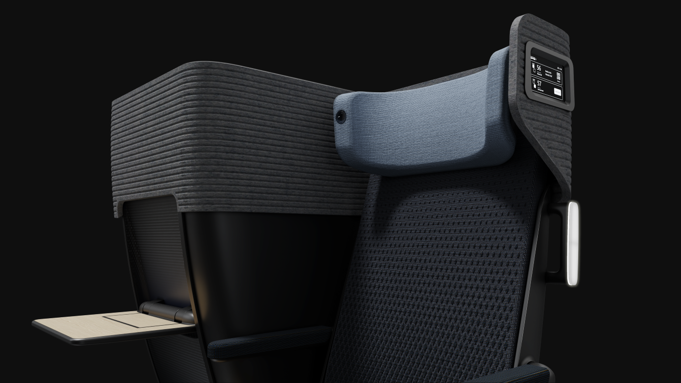 Modern airplane seat with a sleek, dark design featuring a woven texture and a light gray headrest. It includes a small foldable table and a touchscreen interface on the seatback, all set against a black background.