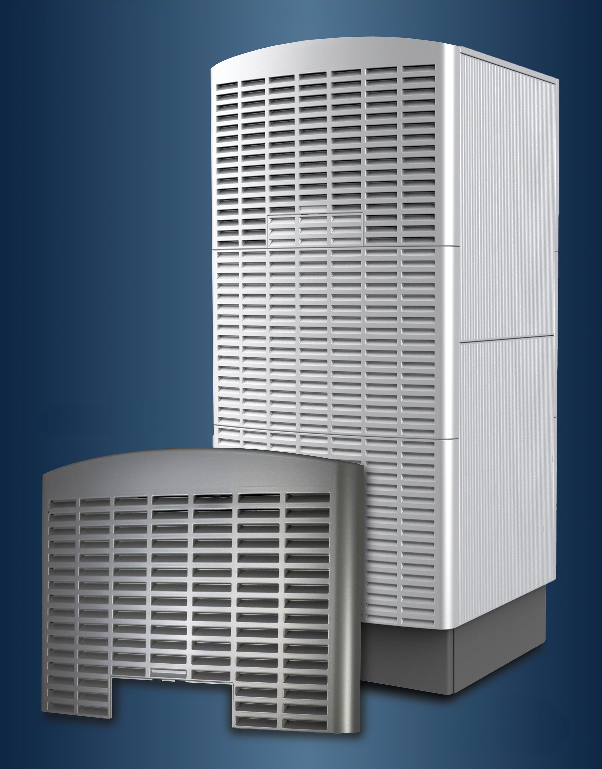 A large, modern air purifier with a sleek, vertical design is shown against a blue background. The purifier is accompanied by a separate front panel featuring a grid pattern. Both components are metallic and have a contemporary appearance.